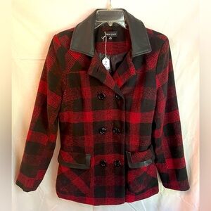 Red and black plaid pea coat